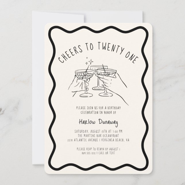 Invitation Whimsical Cheers to 21 Anniversaire fête (Devant)