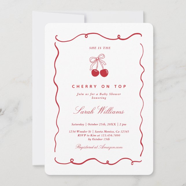Invitation Whimsical Cherry on Top Baby Shower Girl (Devant)