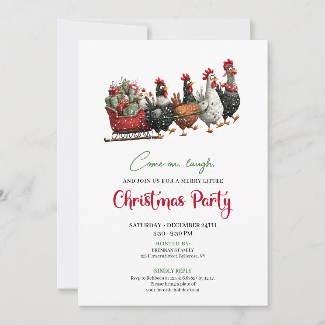 Invitation Whimsical Chickens Holiday Celebration Party Card (Devant)