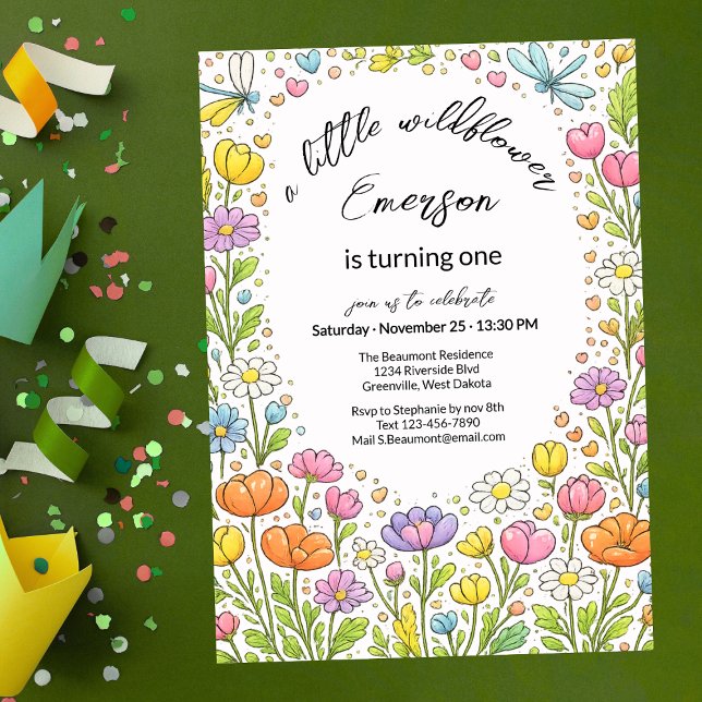 Invitation Whimsical Colorful Little Wildflower 1st Birthday  (Créateur téléchargé)