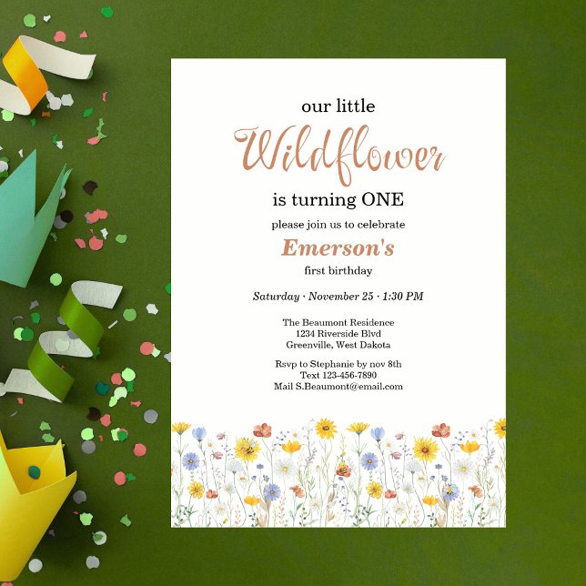 Invitation Whimsical Colorful Wildflower 1st Birthday Party (Créateur téléchargé)