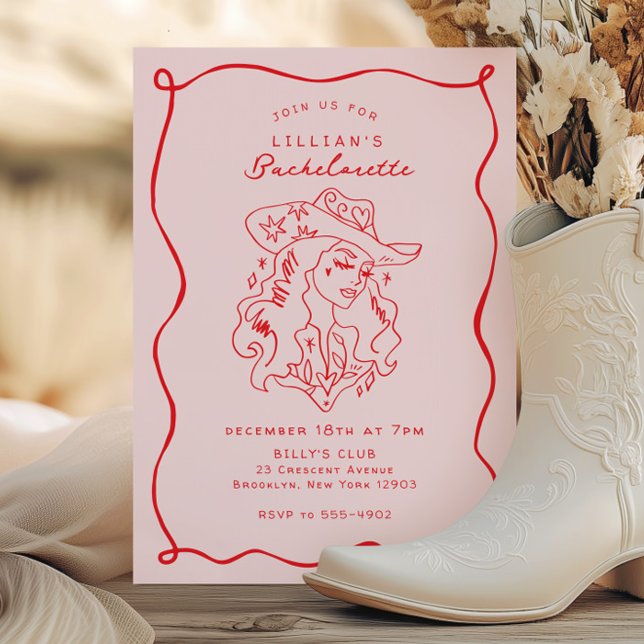 Invitation Whimsical Cowgirl Pink Red Bachelorette Party (Créateur téléchargé)