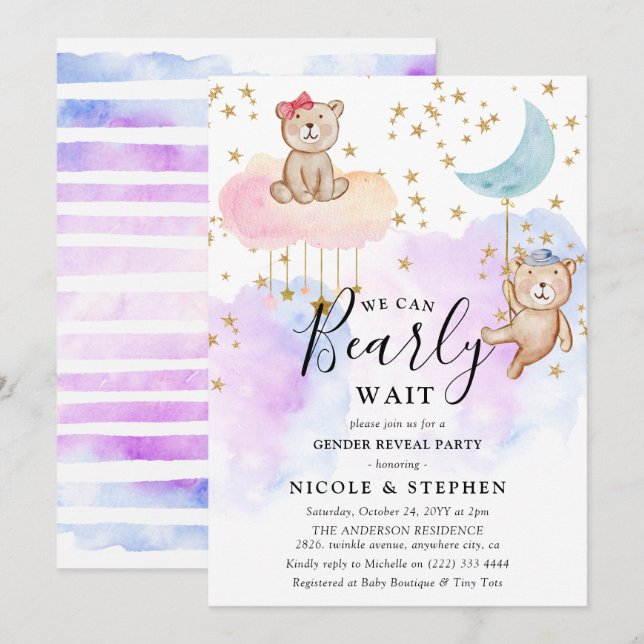 Invitation Whimsical Cute Bearly Wait Genre Reveale Party (Devant / Derrière)
