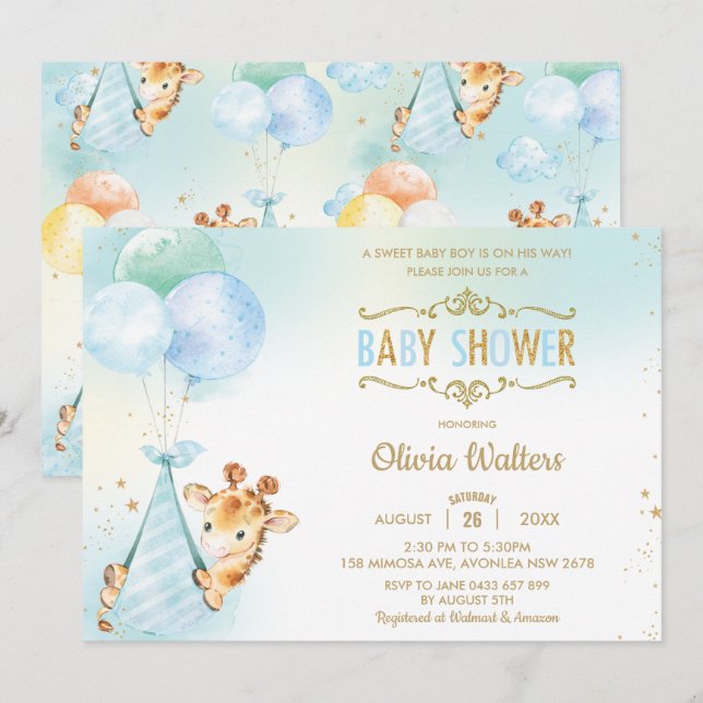 Invitation Whimsical Cute Giraffe Ballons Baby shower garçon (Devant / Derrière)