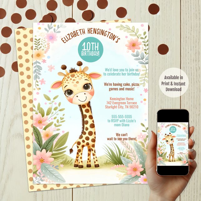Invitation Whimsical Cute Giraffe fête d'anniversaire (Available in print and instant download)