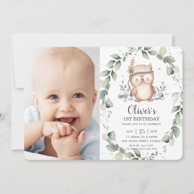 Invitation Whimsical Cute Owl Rustic Green Photo Anniversaire (Devant)