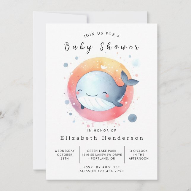 Invitation Whimsical Digital Whale Baby shower (Devant)