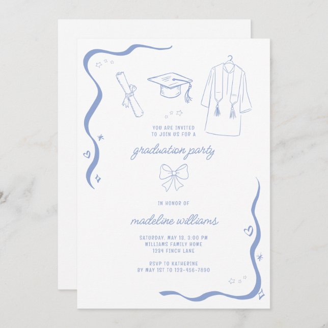 Invitation Whimsical Doodle Blue Graduation Party (Devant / Derrière)