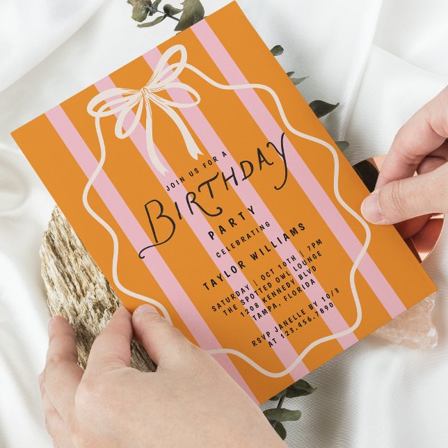Invitation Whimsical Doodle Bow Stripes Simple Minimal (Available in both printed and instant download formats.)