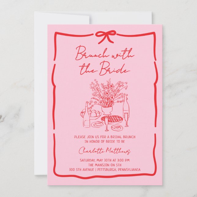 Invitation Whimsical Doodle Brunch with the Bride Red Pink  (Devant)