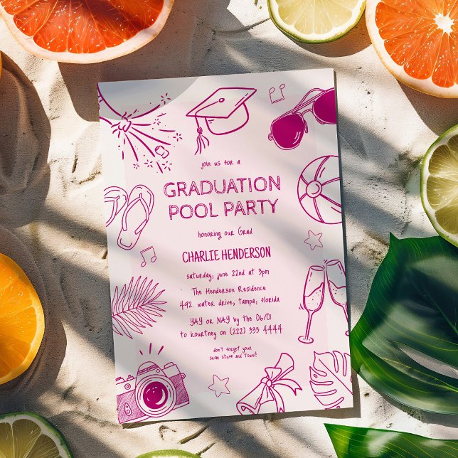 Invitation Whimsical Doodle Graduation Pool Party  (Créateur téléchargé)