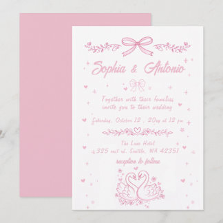 Invitation Whimsical Doodle Hand Drawn Pink Swans Wedding