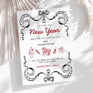 Invitation Whimsical Doodle Noir et Rouge Fête du Nouvel An