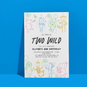 Invitation Whimsical Doodle Party Animaux 2e anniversaire