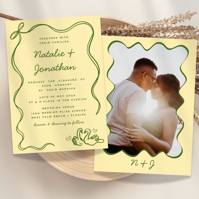 Invitation Whimsical Doodle photo Monogramme Mariage jaune (Créateur téléchargé)