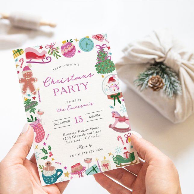 Invitation Whimsical Doodles Christmas Party (Holiday Colorful Whimsical Doodles Christmas Party Invitation by Painted Paperie
)