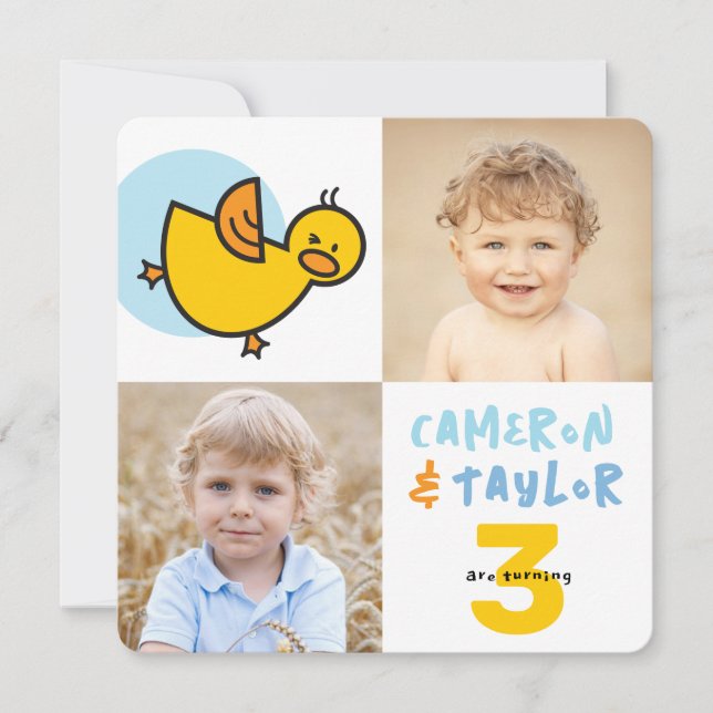 Invitation Whimsical Ducks Photo Boys Joint Birthday Party (Devant)