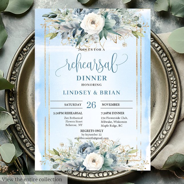 Invitation Whimsical Dusty Blue Peony Rehearsal Dinner Card (Whimsical Dusty Blue Peony Rehearsal Dinner Card)