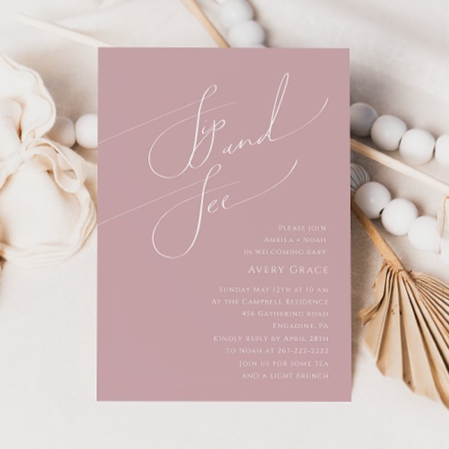 Invitation Whimsical Dusty Rose bébé Sip et voir (Créateur téléchargé)