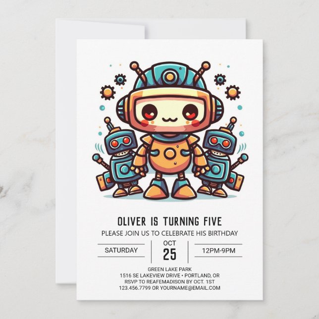 Invitation Whimsical Editable Gears Robot Anniversaire (Devant)