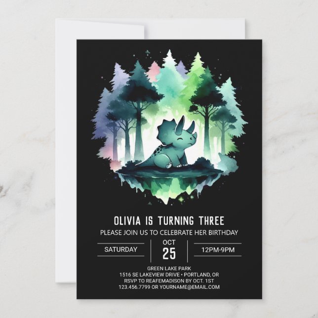 Invitation Whimsical Editable Triceratops Anniversaire (Devant)
