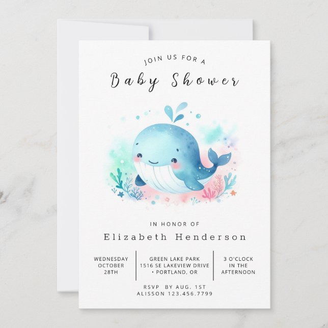 Invitation Whimsical Editable Whale Baby shower (Devant)