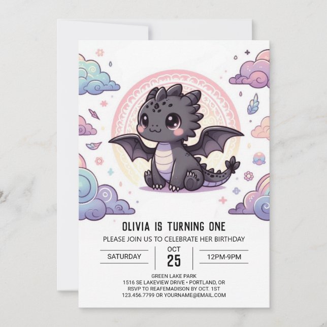 Invitation Whimsical Elegant Dragon 1er anniversaire (Devant)