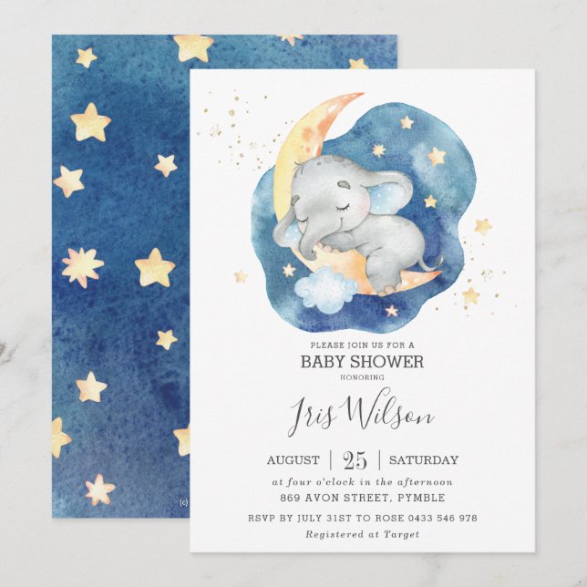Invitation Whimsical Elephant Twinkle Star Baby shower garçon (Devant / Derrière)