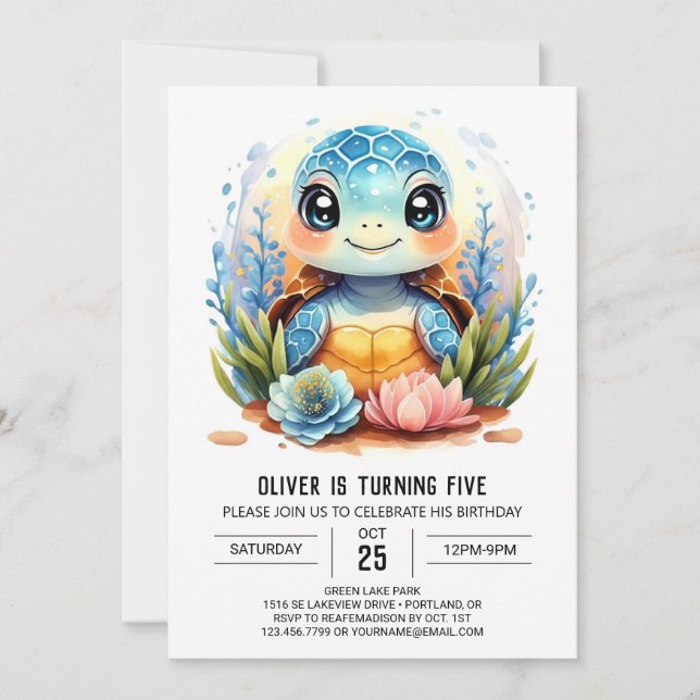 Invitation Whimsical enfant's Watercolor Turtle Boy Birthda (Devant)