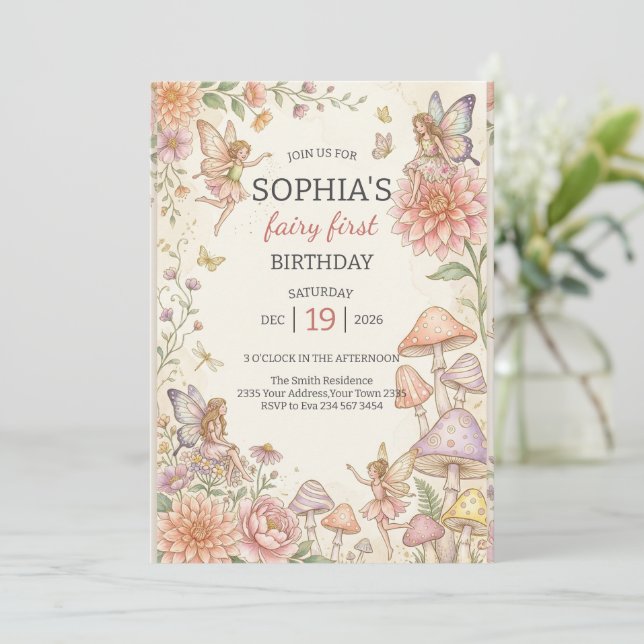 Invitation Whimsical Fairy Garden 1st Birthday (Debout devant)