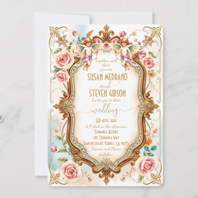 Invitation Whimsical Floral Élégant Mariage Cupid (Devant)
