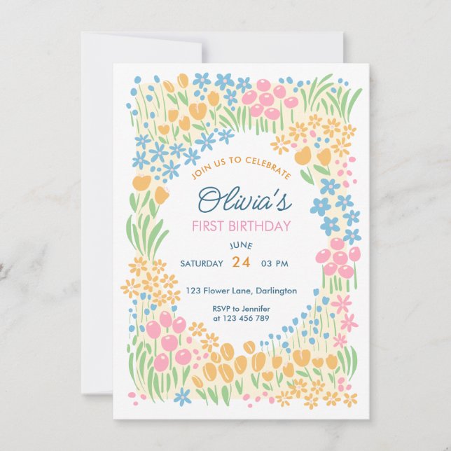 Invitation Whimsical Floral First Birthday Party (Devant)