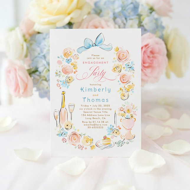 Invitation Whimsical Floral Hand Drawn Bow Engagement Party (Pastel Floral Whimsical Engagement Party Invitations)