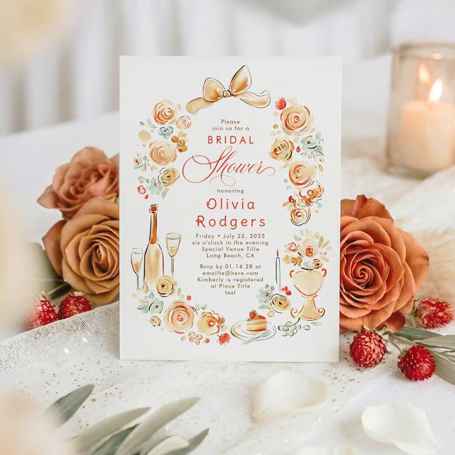 Invitation Whimsical Floral Hand Drawn Bow Fall Bridal Shower (Terracotta Hand-illustrated Whimsical Chic Bridal Shower Invitation)