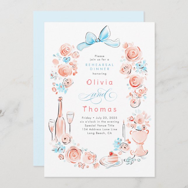 Invitation Whimsical Floral Hand Drawn Bow Rehearsal Dinner (Devant / Derrière)