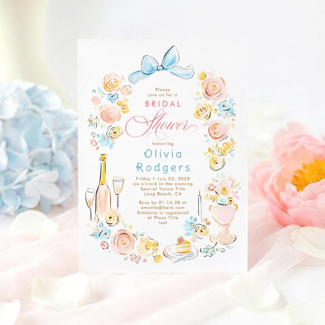 Invitation Whimsical Floral Hand Drawn Chic Bow Bridal Shower (Whimsical Pastel Floral Coquette Bow Bridal Shower Invitation)