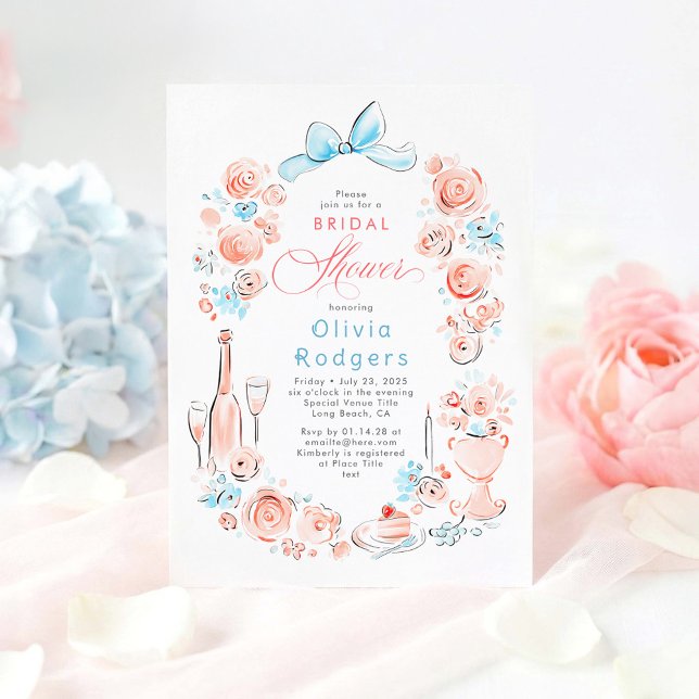 Invitation Whimsical Floral Hand Drawn Chic Bow Bridal Shower (Dusty Blue and Pink Whimsical Coquette Bow Bridal Shower Invitations)