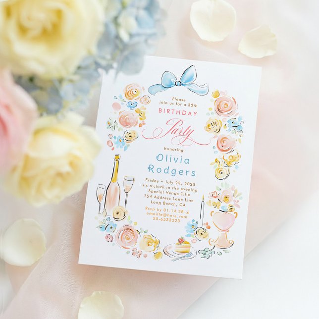 Invitation Whimsical Floral Hand Drawn Coquette Bow Birthday (Whimsical Bow and Pastel Flowers Birthday Invitation)