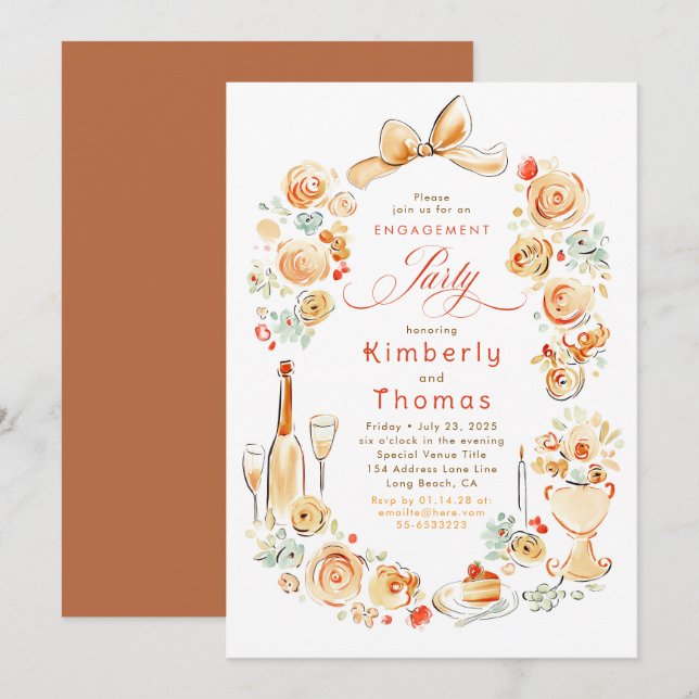 Invitation Whimsical Floral Hand Drawn Fall Engagement Party (Devant / Derrière)