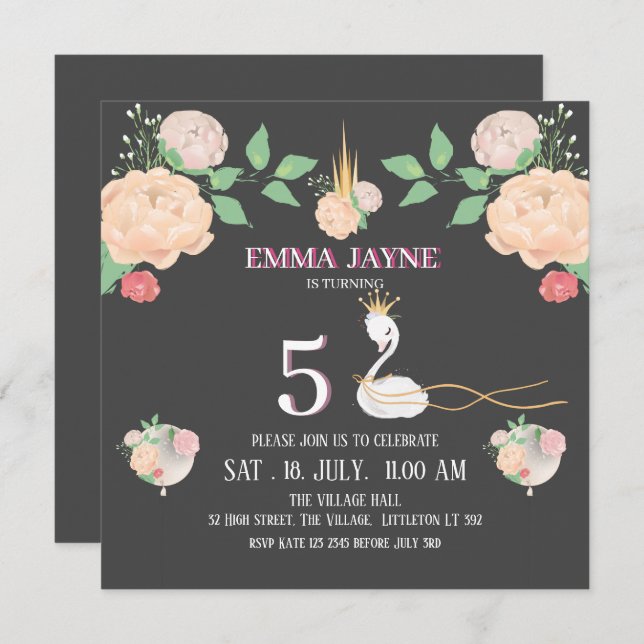 Invitation Whimsical Floral Swan Girls Anniversaire Invitatio (Devant / Derrière)