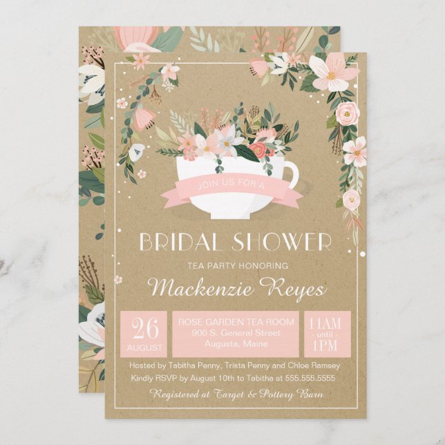 Invitation Whimsical Floral Teacup Fête des mariées (Devant / Derrière)