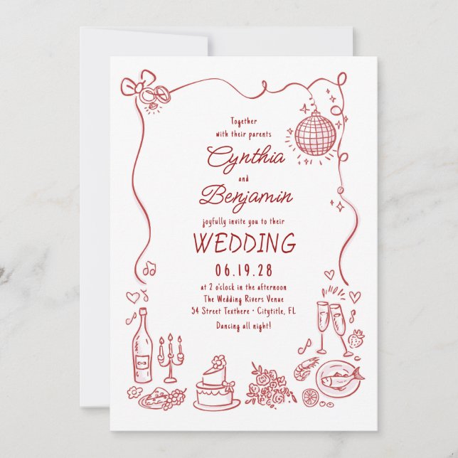 Invitation Whimsical Funky Hand Drawn Burgundy Retro Wedding (Devant)