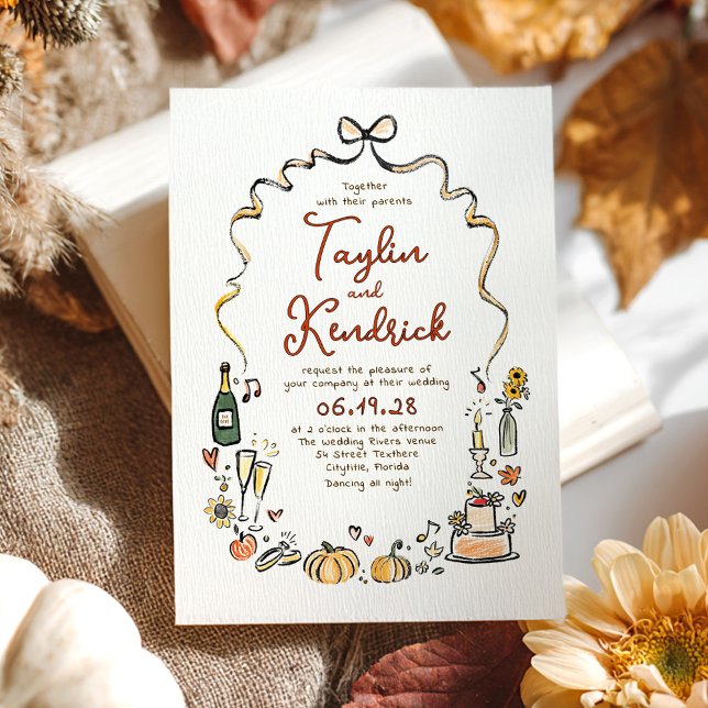 Invitation Whimsical Funky Hand Drawn Doodles Fall Wedding (Funky Whimsical Hand-drawn Fall Wedding Invitation)