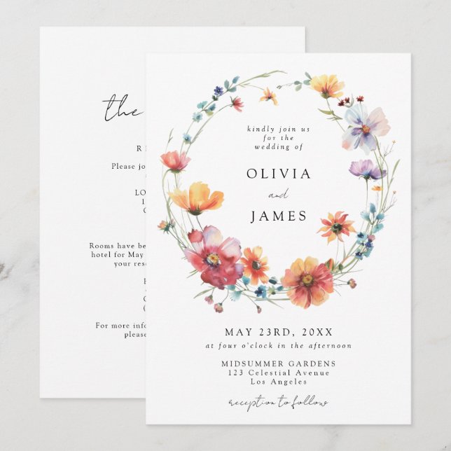 Invitation Whimsical Garden Wildflower All-In-One Wedding (Devant / Derrière)