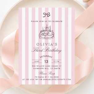Invitation Whimsical, gâteau d'anniversaire, Bow rose & Strip