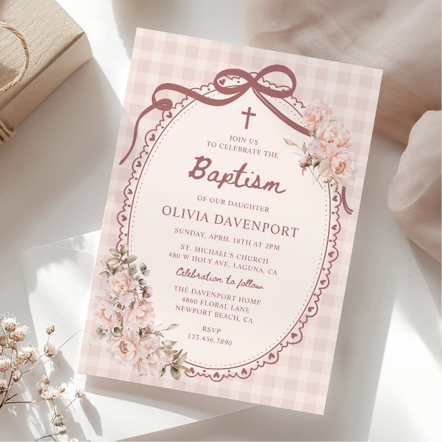 Invitation Whimsical Gingham Blush Pink Floral Girl Baptism (Créateur téléchargé)