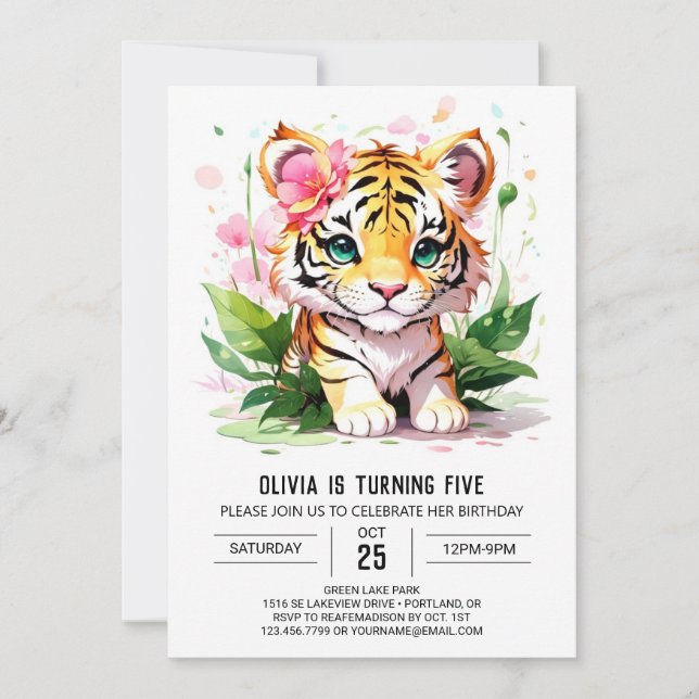 Invitation Whimsical Girl Custom Tiger Anniversaire (Devant)