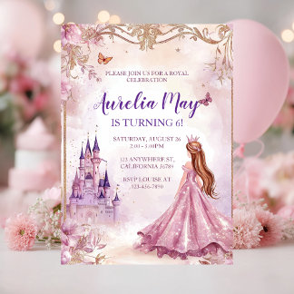 Invitation Whimsical Girls Princess Pink and Gold Birthday