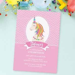 Invitation Whimsical Girly rose arc-en-ciel Unicorn fille Ann