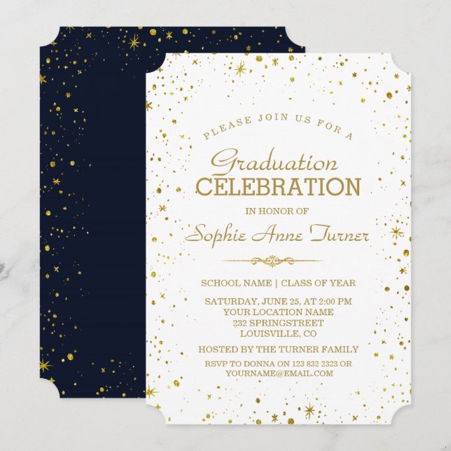 Invitation Whimsical Gold Sparkle Starry Sky Graduation Party (Devant / Derrière)